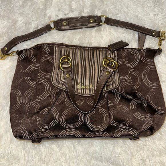 Coach Handbags - Coach Signature Ashley Gathered Dotted Op Art Brown Bronze Shoulder Bag New